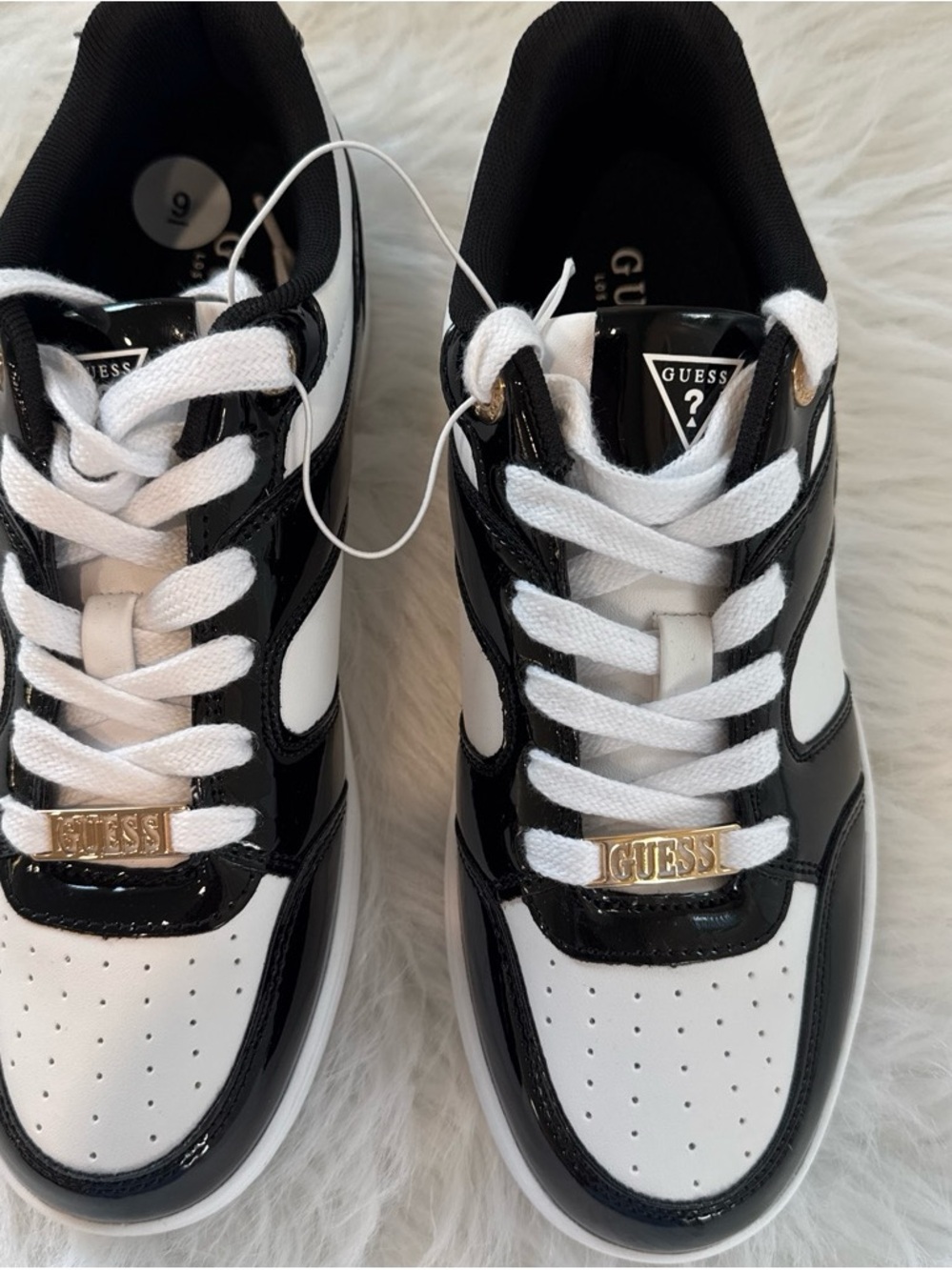 GUESS Black and White Patent Lace-Up Sneakers with Gold Accent